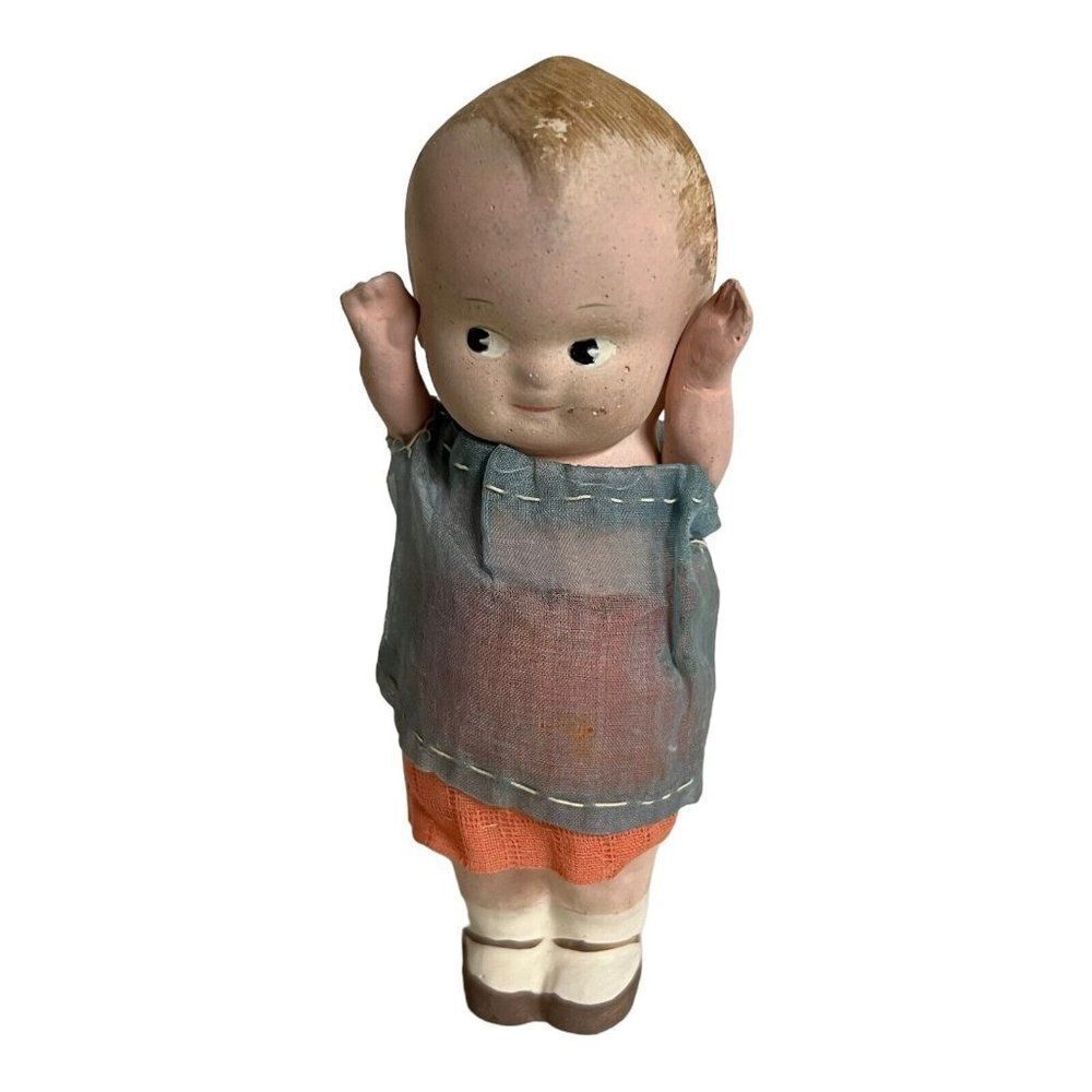 Vintage Bisque Kewpie Doll Hand Stiched Blue Dress 5.5" Kitschy Collectible Baby